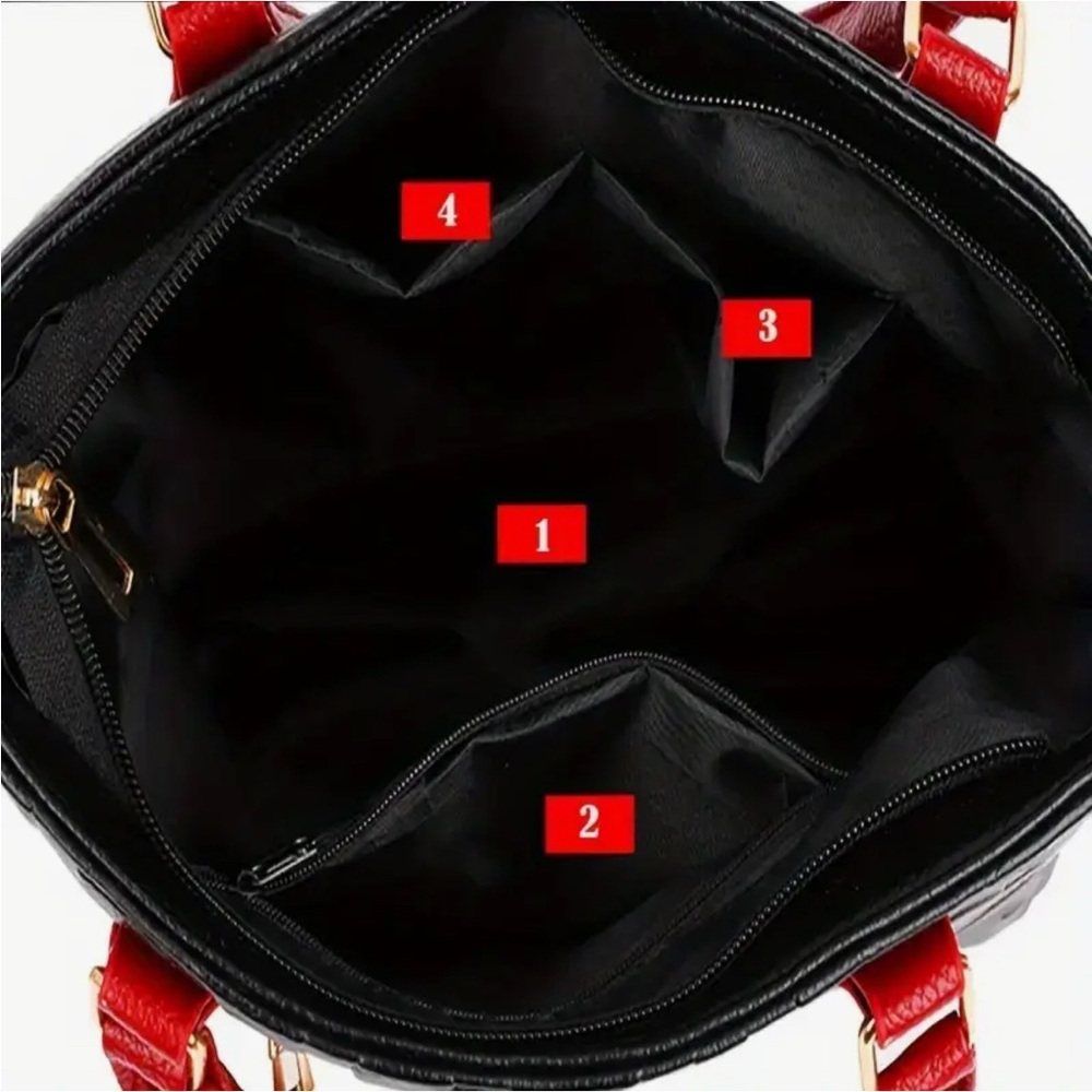 Perfect Lily Black Embossed Letter Tote Bag Red Handle Crossbody NIP - Picture 10 of 12